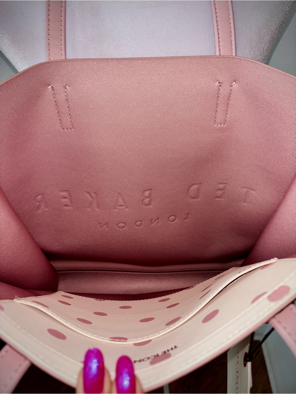 Ted Baker London NWT Pink Polka Dot Leather Tote Bag Coquette Style - Picture 11 of 13